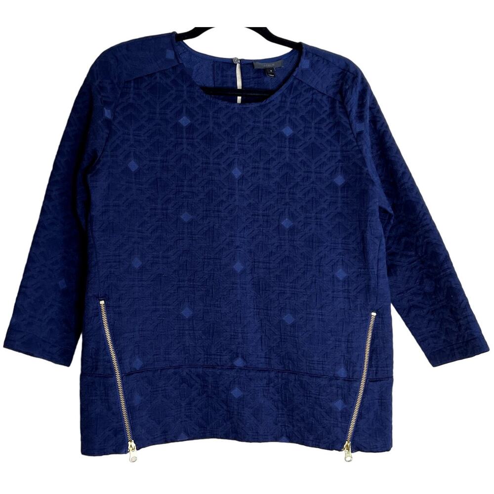 J. Crew Black Label Blouse Top Women 2 Blue Jacquard Geometric Dark Academia